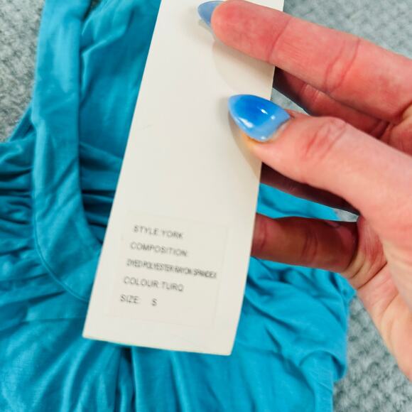 VINTAGE RETRO Y2K TURQUOISE BLUE HIGH NECK STONE JEWEL NECK TROPICAL SUNDRESS S - Picture 6 of 6